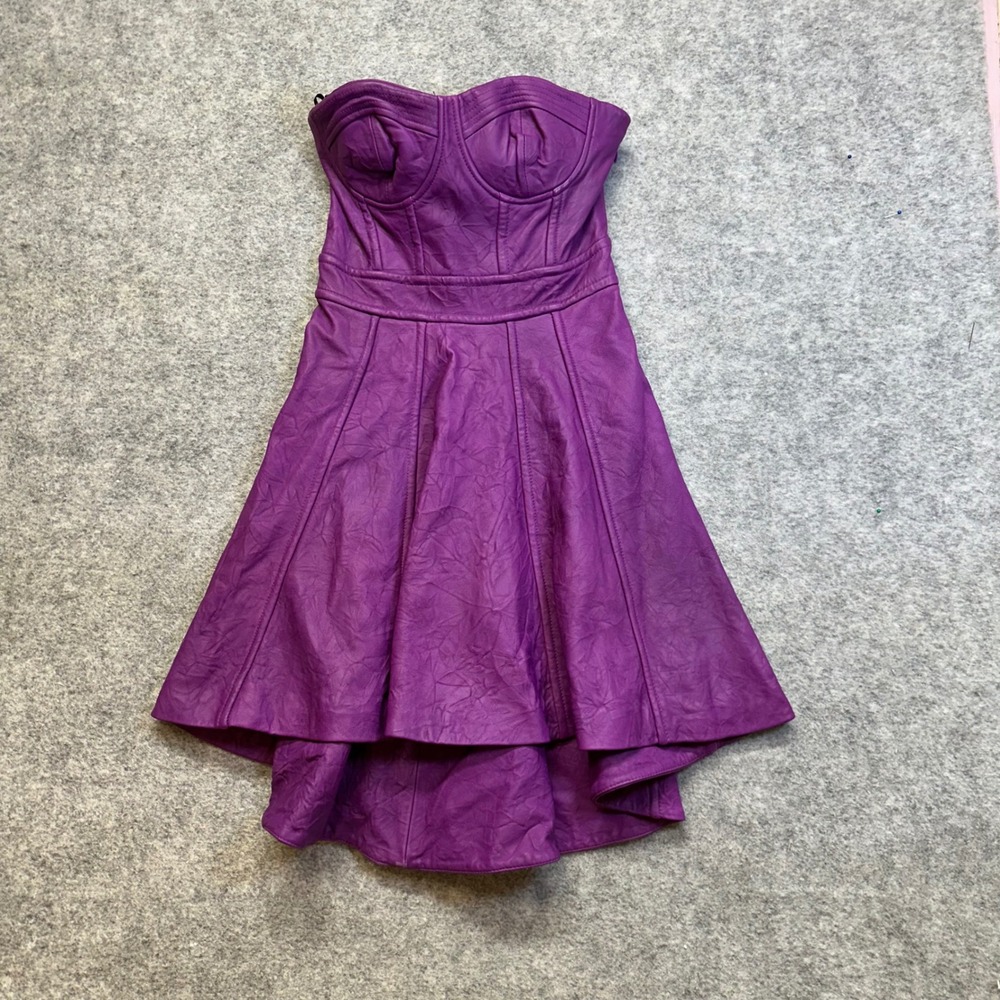 Bebe Leather Strapless Dress Womens Small Purple High Low Bustier Fit Flare
